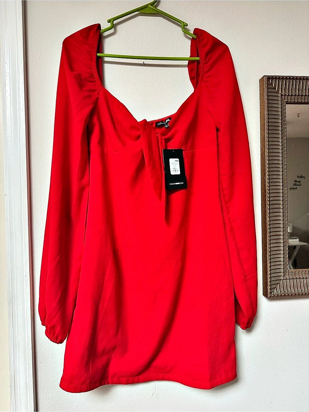 Fashion Nova Red Twist Front Long Sleeve Mini Dress Size L NWT